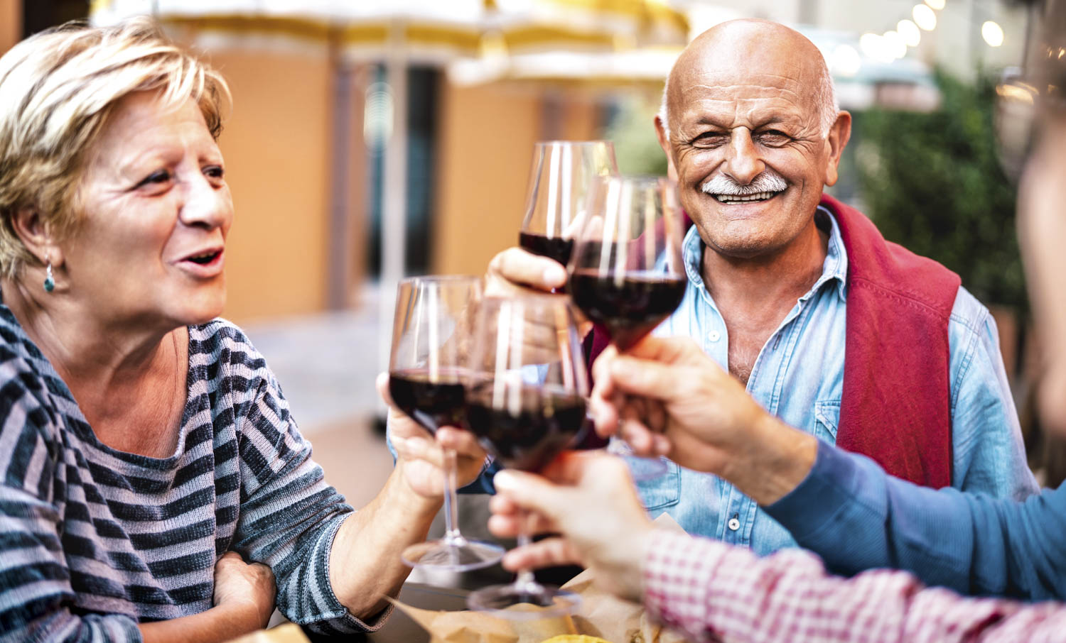 happy senior couple having fun drinking red wine with friends at Rock Shadows RV Resort